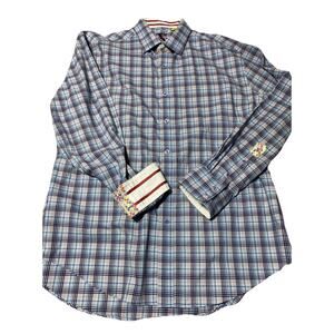 Robert Graham X Shirt Mens XXL Blue Plaid Designer‎ Button Flip Cuff 2XL NWOT